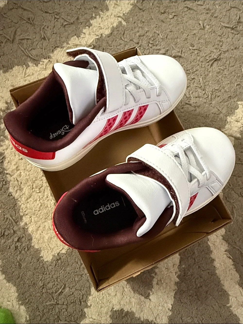 adidas Kids White Sneakers with Pink Polka-Stripe and Minnie Accent